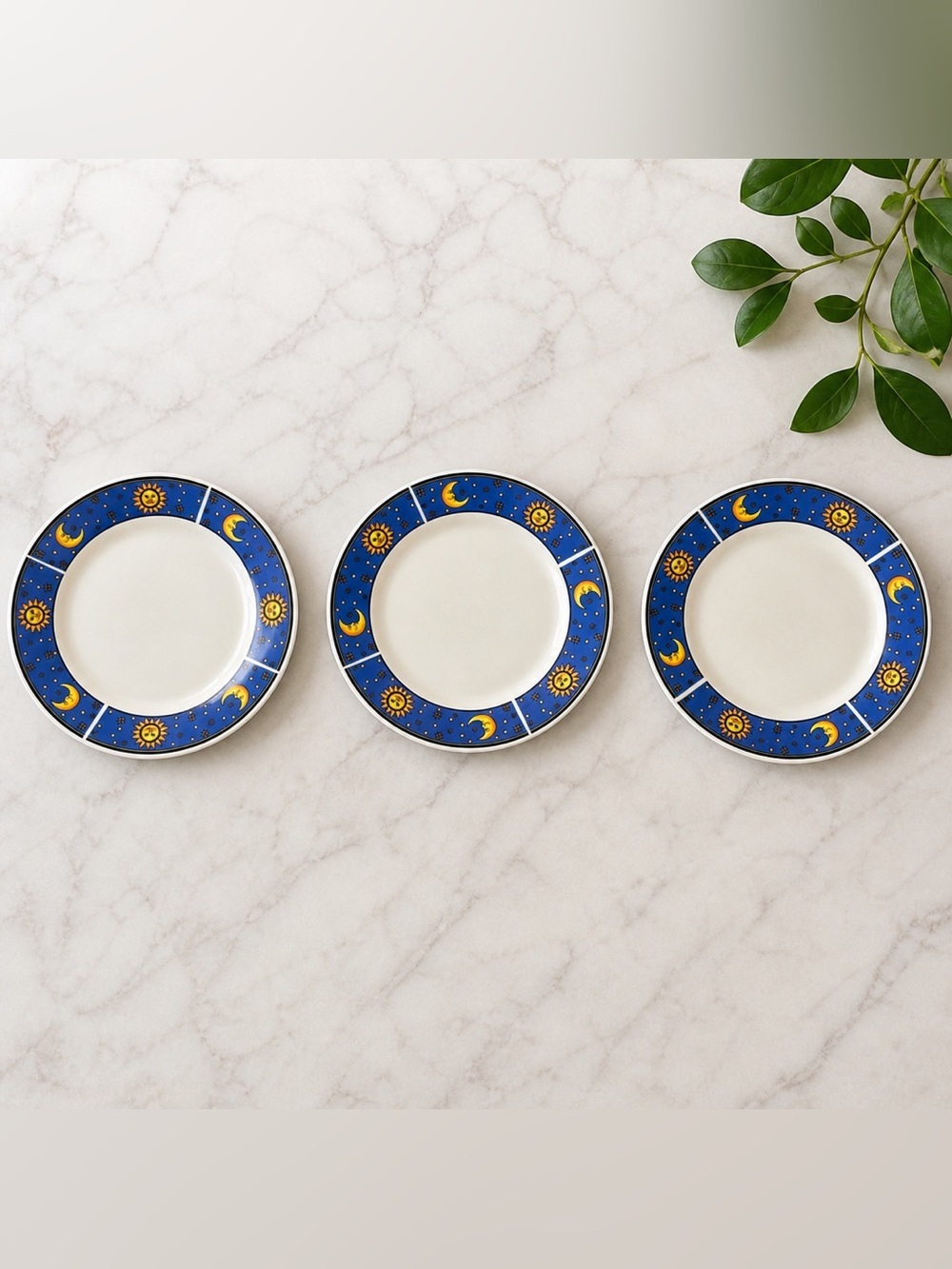 VTG Nu Wave Celestial Plates 7.5” Sun Moon Stars Blue Set 3 Dinnerware